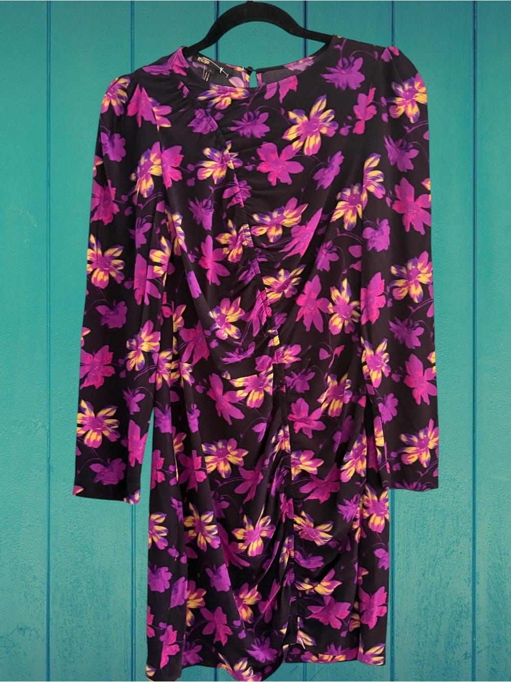 Maje Black Long-Sleeve Ruched Floral Dress with Purple & Yellow Flowers